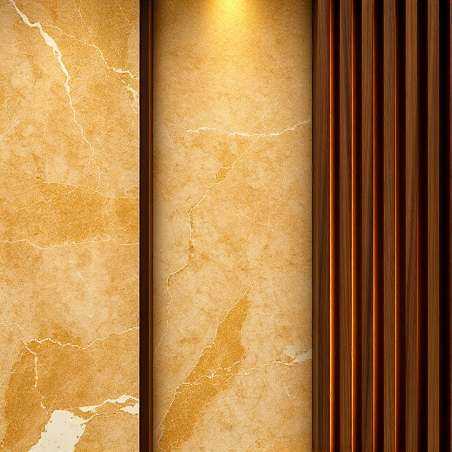 Ceviz lambiri ile gold damarlı mermer panel kombinasyonu