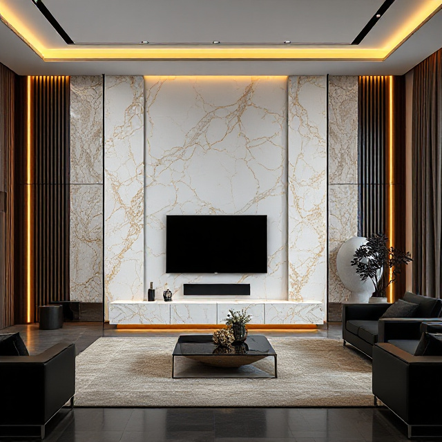 Gold damarlı PVC mermer panel TV ünitesi duvarı, ceviz lambirilerle kombinlenmiş